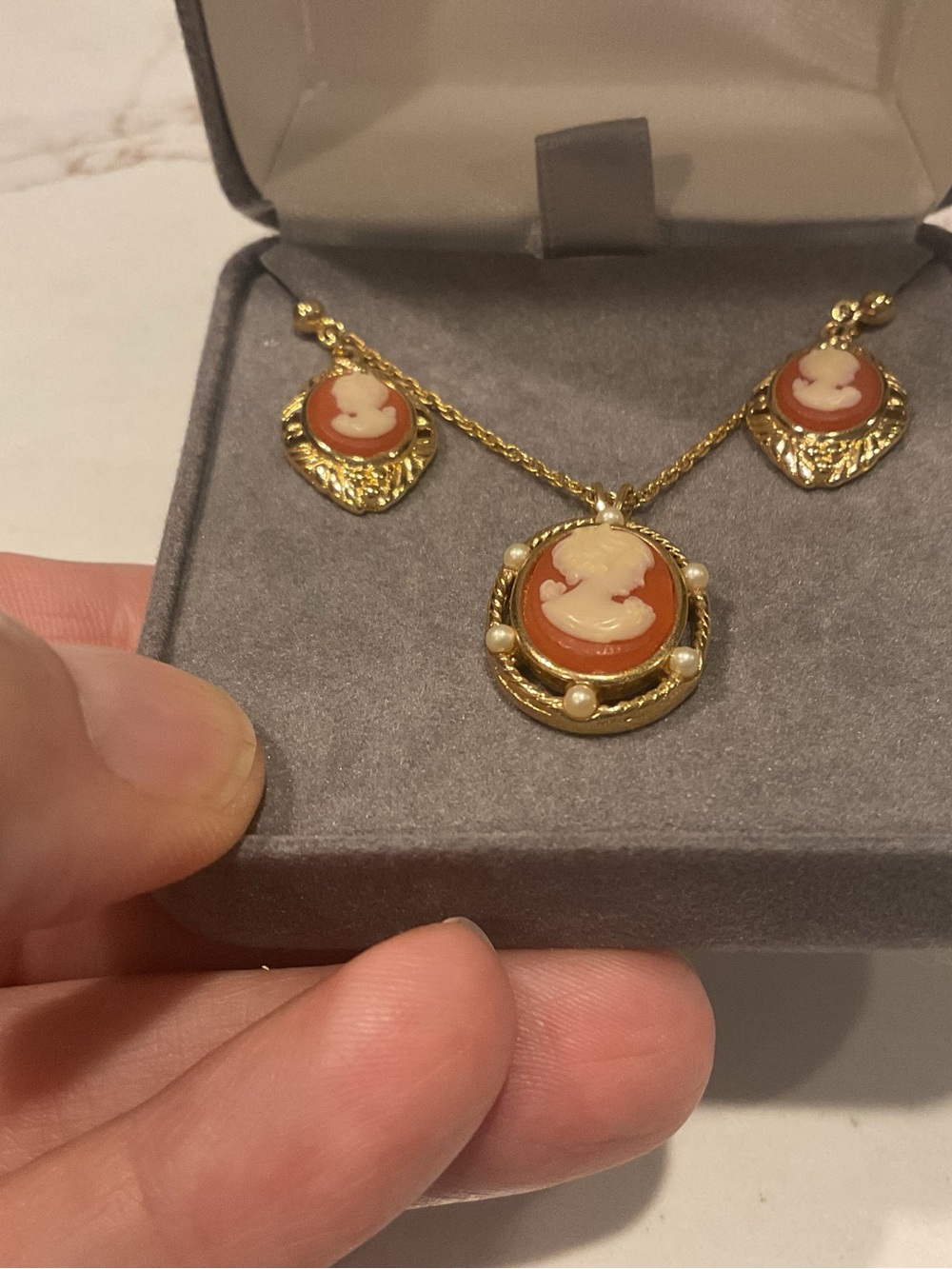 Vintage TRIFARI Crown Gold-Tone Coral Cameo Necklace & Earrings Set